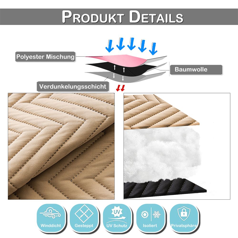 Thermo Vorhang Kälteschutz Verdunkelungsvorhang 370g/m² Wärmeisolierung Gardinen mit Kräuselband für Wohnzimmer Schlafzimmer, B140xH245cm, Beige