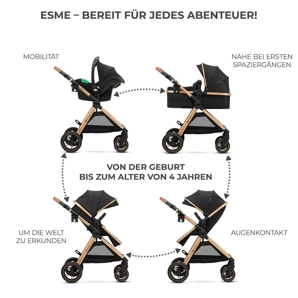 Kinderkraft ESME - multifunktionaler 3-in-1-Kinderwagen - bis 25 kg - Babywanne mit Belüftung - Travel System - große geländegängige Räder - Schwarz