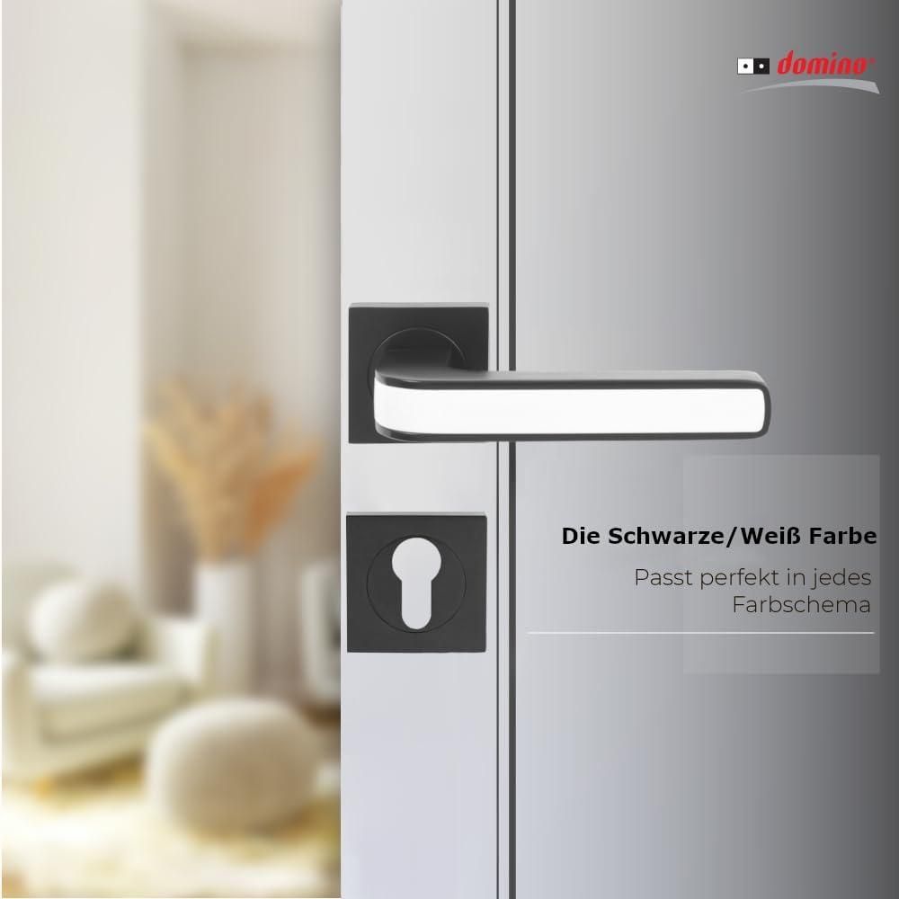 DOMINO Türgriff Drückergarnitur PZ - Profilzylinder Set | quadratische Rosette | Türklinke für Zimmertür, Bürotür, Kellertür & Innentür| Türbeschläge aus Aluminium| Schwarz/Weiss Türdrückergarnitur | AXE-QR Black/White