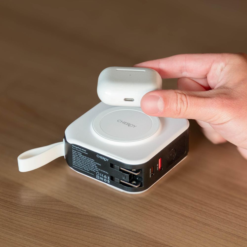 CHEROY ChargePack Multi - 5 in 1 Travel Power Bank - 10.000mAh Kabelloses Ladegerät - Weltstecker - Reisestecker - Schnellladegerät - MagSafe kompatibel - Weiß