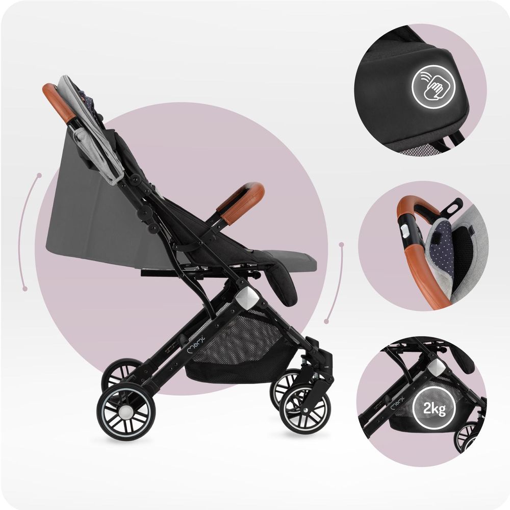 MoMi ESTELLE – Ultraleichter Baby Kompaktbuggy 7,7 kg mit Einhand-Faltung, Trolley-Funktion & Liegeposition, ideal für Reisen – Grau/Schwarz