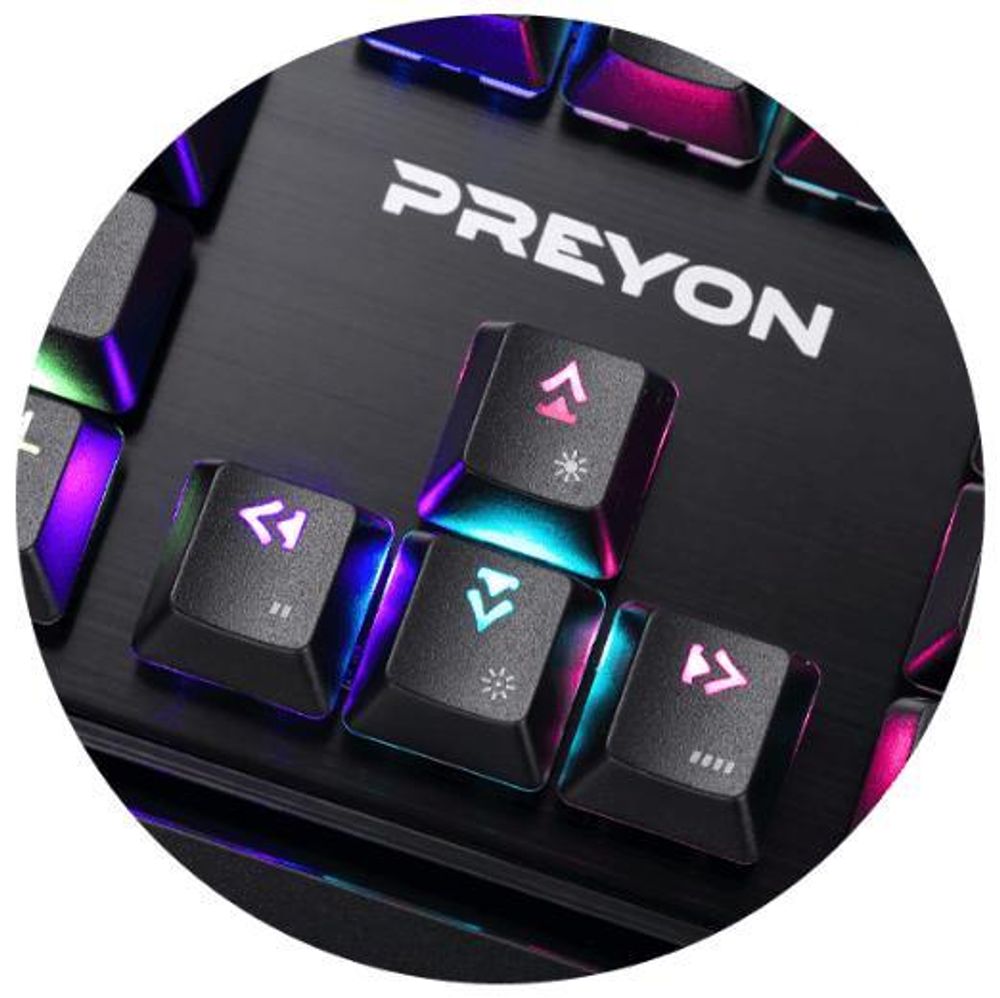 Klawiatura dla graczy PREYON Long Claw Brown Keyboard - Podpórka pod nadgarstki - 104 klawisze - Przełączniki Gateron Brown - Aluminiowa obudowa - Podświetlenie RGB - Tryb podświetlenia - Oprogramowanie - Port przelotowy USB