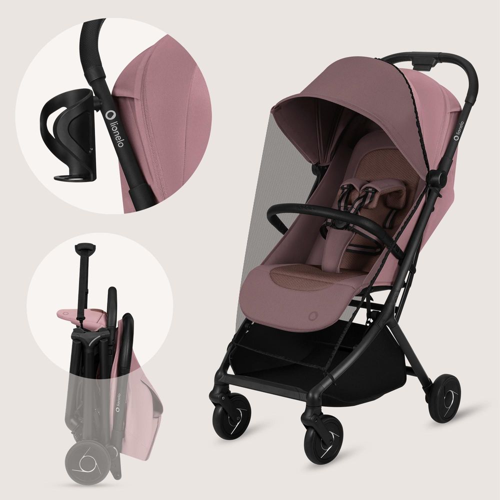 Lionelo Sia Buggy ultraleicht 5,9 kg, kompakt klappbar 18x51x49 cm, Einhand-Faltung, UPF50+, ER-Räder, Dri-Seat, Zubehör-Set - Rosa