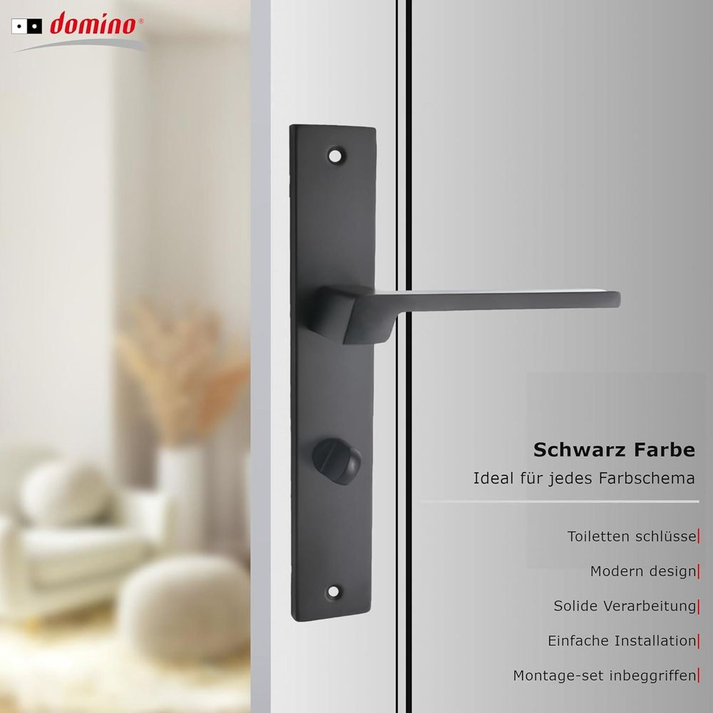 DOMINO Türgriff 78 Drückergarnitur WC - Badezimmer Set | Links & Rechts Türbeschlag für WC/Badezimmertüren | L-Form | Türbeschläge aus Aluminium |Schwarz Türdrückergarnitur|ROMANA BLACK