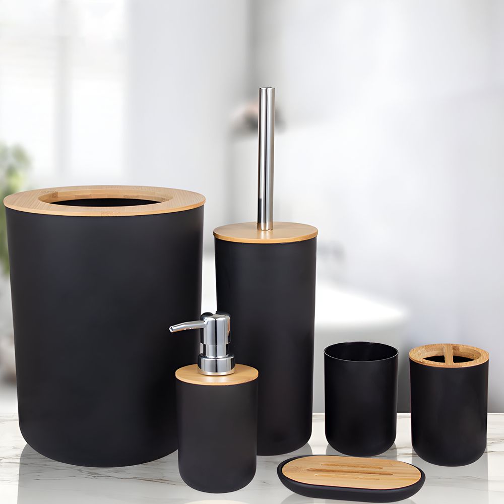 Badezimmer Set 6-tlg  Bambus Bad Zubehörset Toilettenset Lotionspender Mülleimer Zahnbürstenhalter Zahnputzbecher Toilettenbürste Seifenschale Retoo