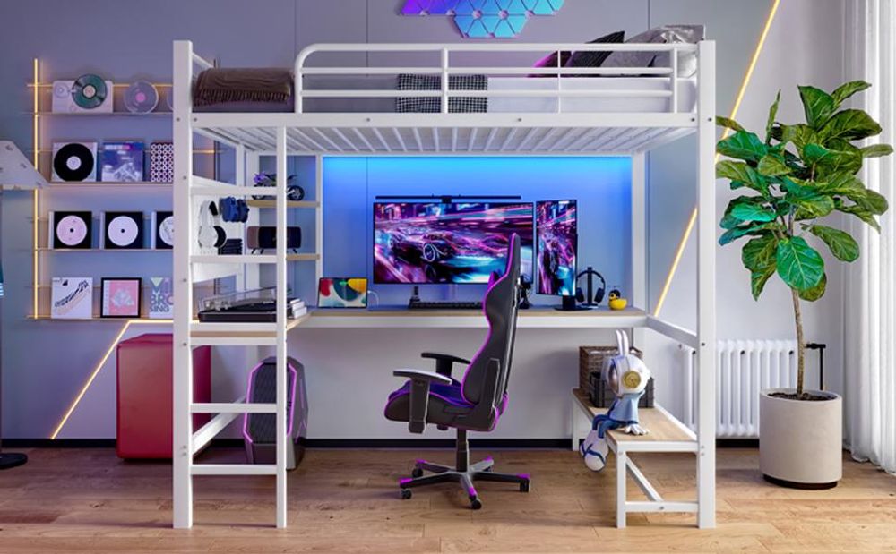 Merax Etagenbett Hochbett 90x200 cm, mit Schreibtisch, Lochbrett, Ablagen, Eisenbett mit LED-Leiste, USB & Type-C, Kinderbett, Stockbett, Weiß