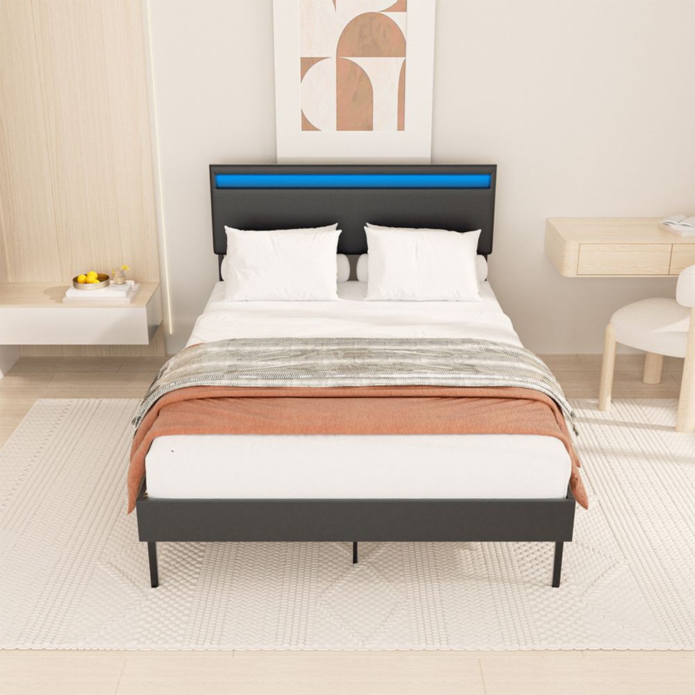 Jopassy Bettgestell Lattenrost robustes Bettgestell Maximale Tragfähigkeit 350 kg für Schlafzimmerbett Kunstleder LED-Beleuchtung Mit Fernsteuerung 140*200CM