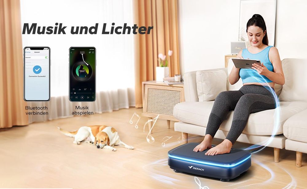 Vibrationsplatte mit 99 Stufen, 7 Programmen, LED, Fernbedienung, Bluetooth, Widerstandsbänder, 150W, Ganzkörpertraining & Formung, schwarz