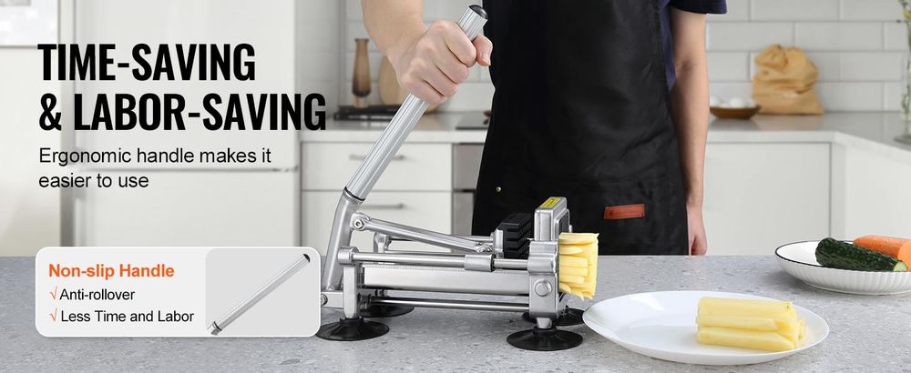 VEVOR Pommes Frites Schneider, Kartoffelschneider mit 1/2-Zoll und 3/8-Zoll Edelstahlklingen, manueller Kartoffelschneider mit Saugnäpfen, ideal für Kartoffeln, Pommes Frites, Gurken, Gemüse, Karotten, Edelstahl-a, 1/2 Zoll + 3/8 Zoll + 1/4 Zoll-a
