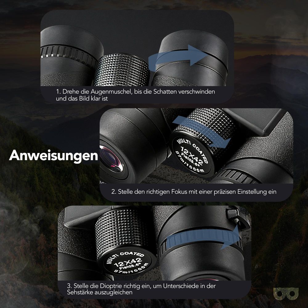 Zoomble Fernglas 12x42 in Schwarz, Frontansicht mit grün schimmernden, vergüteten Linsen