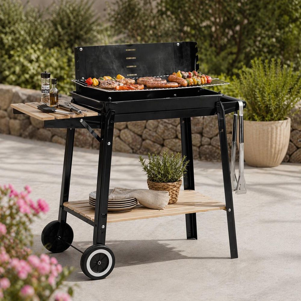 Bauhus Grill węglowy ogrodowy 53x33 cm z półką kółkami i kratką do podgrzewania czarny duży