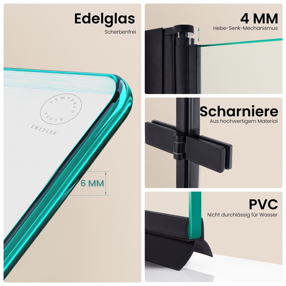 EMKE Duschabtrennung 110x140cm Faltwand für Badewanne Badewannenaufsatz Mattes Schwarz Duschwand aus 6mm NANO Easy Clean GLAS
