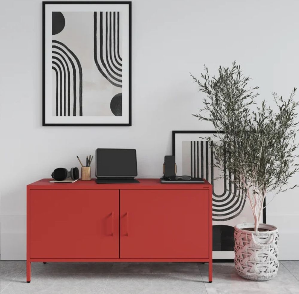 Jan Nowak Fernsehschrank ROSA TV Schrank TV Board für Wohnzimmer, Schlafzimmer Metall Fernsehtisch mit Türen und Stauraum, 115 x 59,5 x 40 cm, Rot
