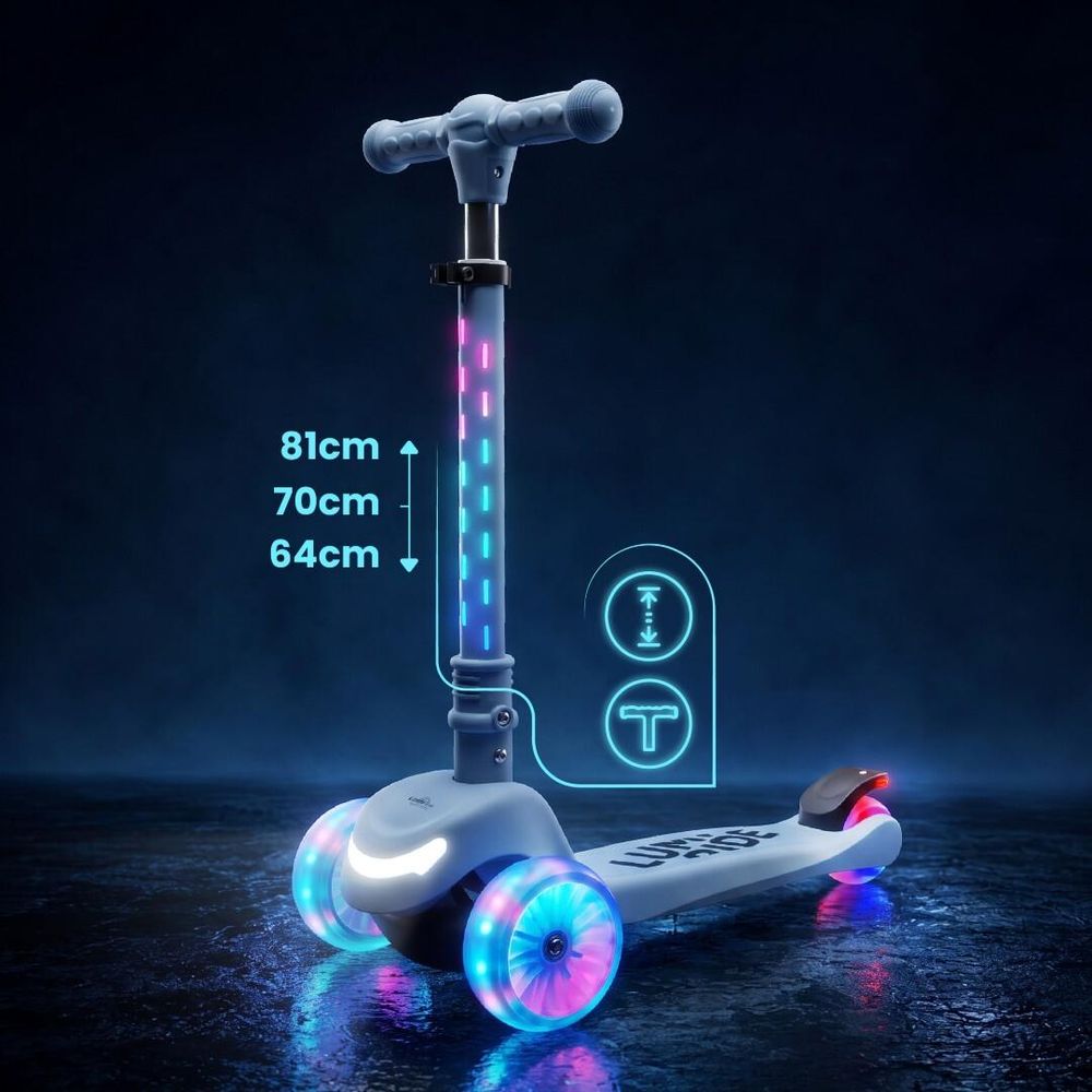 Patinete Sun Baby LUMI RIDE iluminado en la oscuridad, resaltando las luces LED en ruedas y manilla…