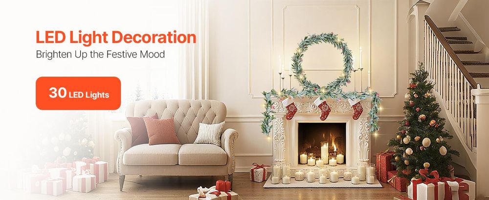 VEVOR Weihnachtsgirlande, 2750mm künstliche Weihnachtsgirlande mit Lichterkette, künstliche Grünpflanzen-Dekoration mit Beerensträußen, Kiefernnadeln, Tannenzapfen, realistische Weihnachtskollektion für Kaminsims, Wein+Olivenblatt+Beeren-a, Mit Licht-b