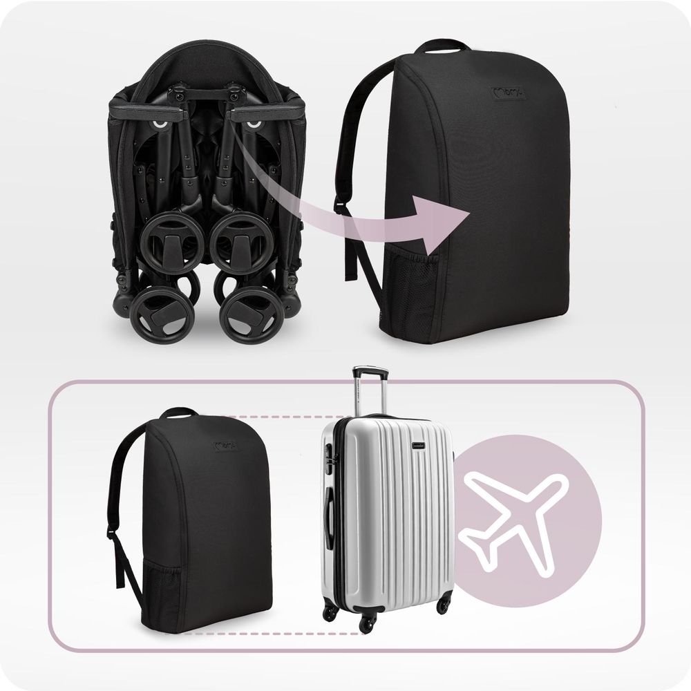 MoMi GRACE – Ultraleichter Baby Kompaktbuggy 6,2 kg mit Einhand-Faltung & Standfunktion, inkl. Rucksack, bis 15 kg – Schwarz