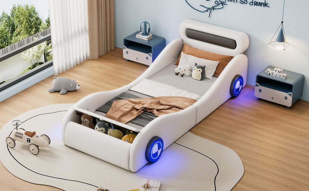Merax Kinderbetten 90x200cm, Autobett mit LED Rädern, Stauraum, Lattenrost, Jugendbett, Einzelbett, Polsterbett, PU, Weiß