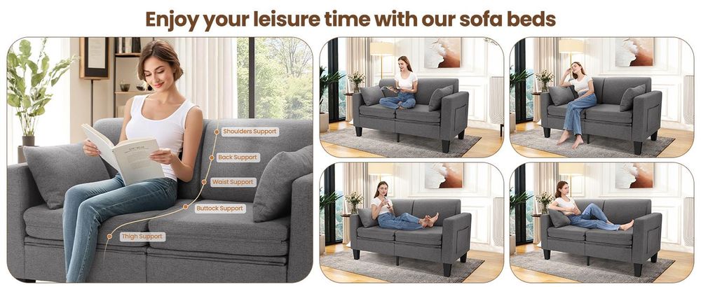 6-in-1 Multifunktions-Schlafsofa 150cm, Ausziehbares Doppelbett mit abnehmbarer Rückenlehne, Staufächern & 2 Kissen,Modernes Leinen-Futon
