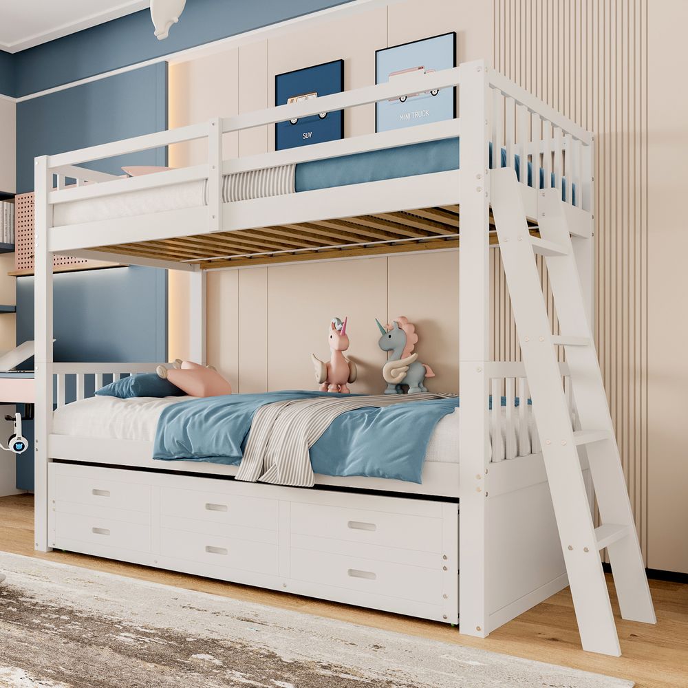 Merax 3-in-1 Etagenbett 90x200 cm mit Ausziehbett & 3 Schubladen, Kinderbett aus Massivholz mit Rausfallschutz und Treppe, bis zu 3 Kinder, Weiß