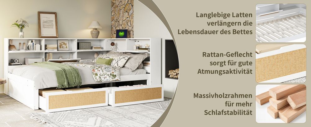 okwish Schlafsofa 140×200 cm，Kinderbett Jugendbett Multifunktionales Einzelbett mit vielen Staufächern und Ladeanschluss，Ohne Matratze，Weiß