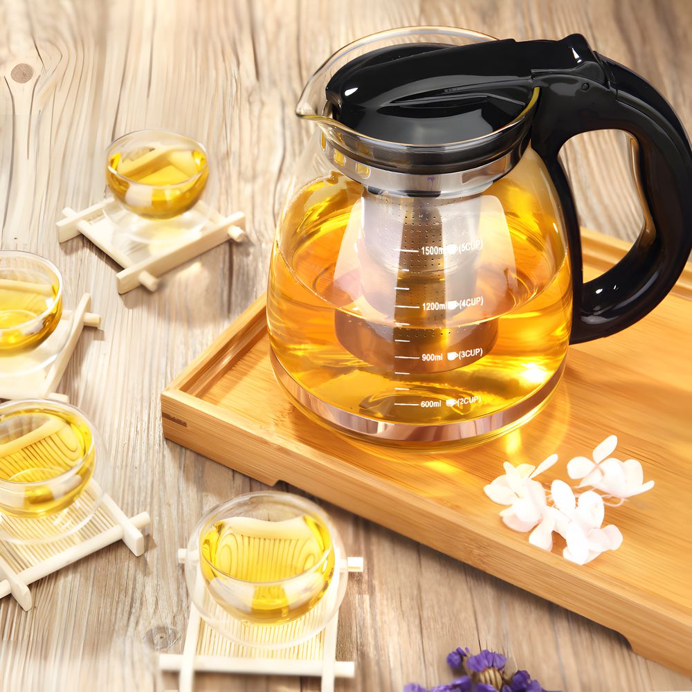 Glas Teekanne 2 l 2000 ml mit Edelstahlsieb Glaskanne Teebereiter Siebeinsatz Hitzebeständige Ergonomisch Tee Saft BPA-frei Schwarz Retoo