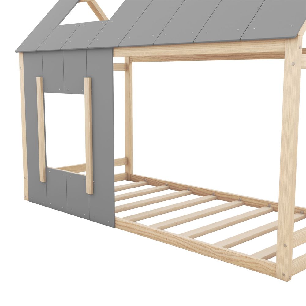 MODFU Kinderbett 90x200cm mit Lattenrost, Hausbett Jugendbett mit mit Dach und Fenster, Kiefernholzbett, Natur(Ohne Matratze)