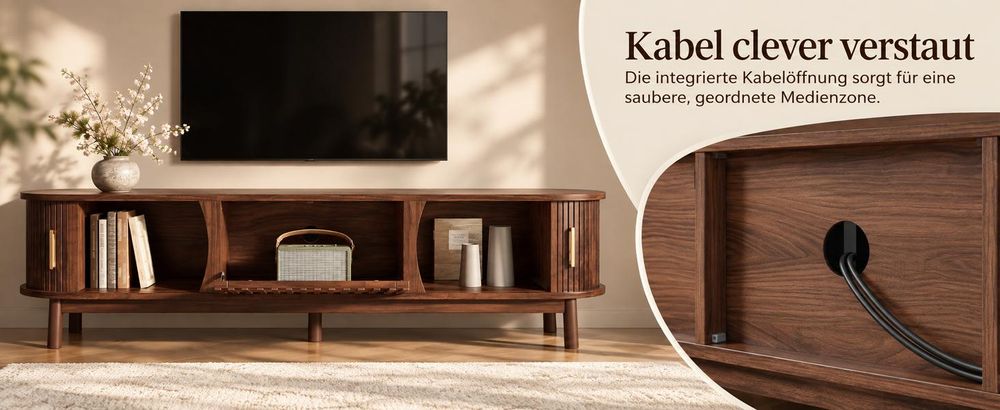 okwish TV-Schrank mit Schiebetür und nach unten klappbarer Hohlschranktür,Lowboard mit Stützbeinen,Fernsehschrank passend für TV-Ständer bis zu 65 Zoll,braune