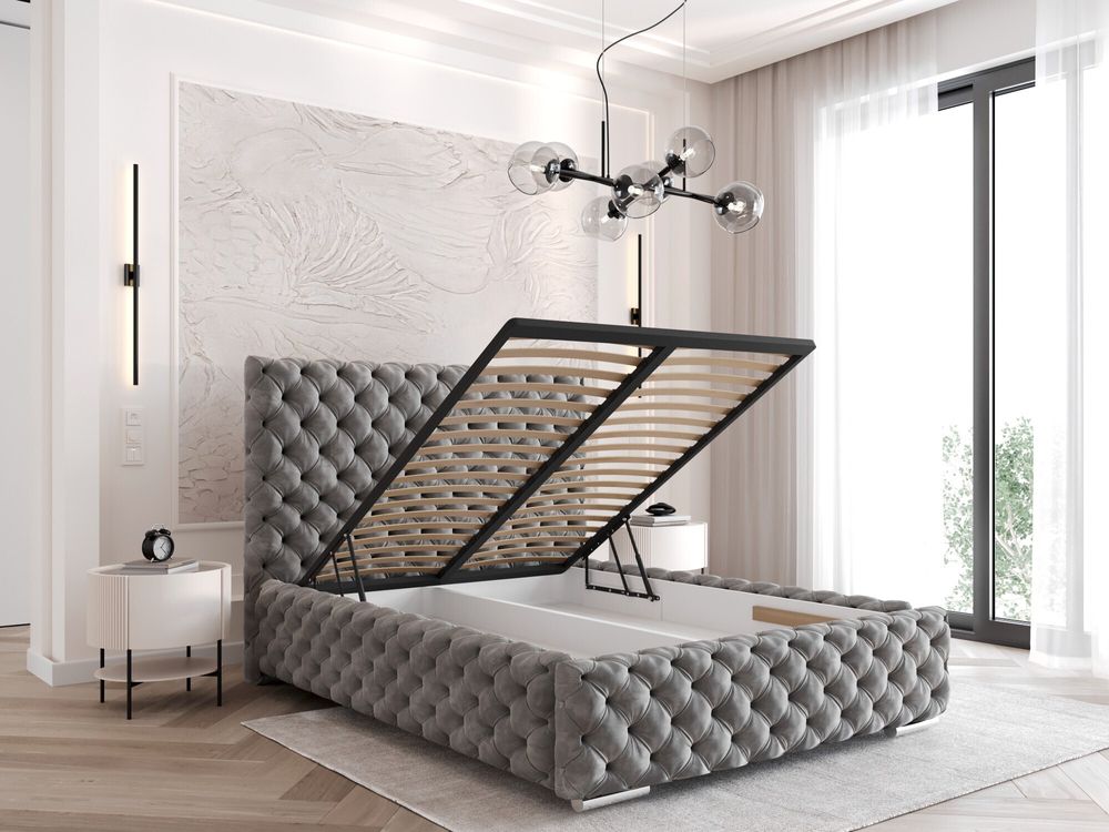 Furmeb24 HONNY 160 x 200 cm - Polsterbett mit Container und Holzrahmen - Doppelbett mit h¶herem Kopfteil - Hochwertiger Magic Velvet Stoff