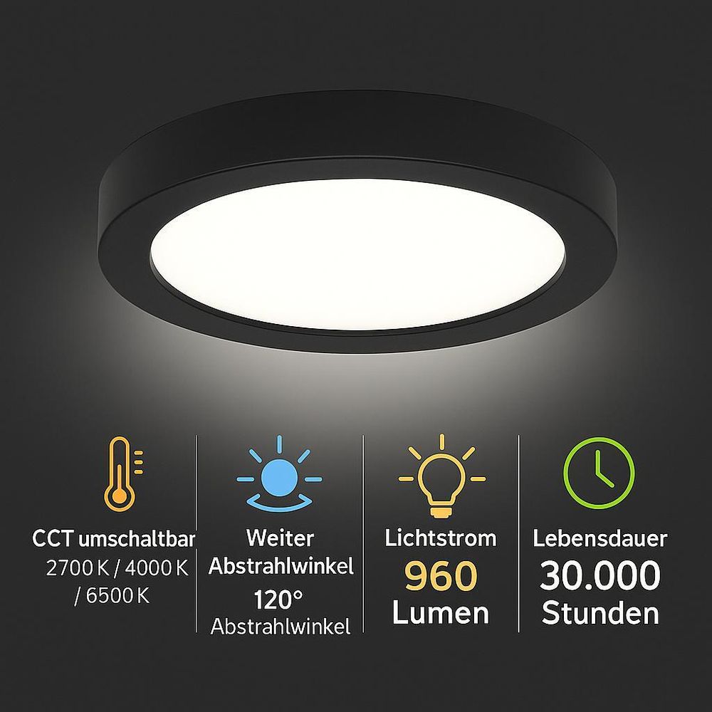 Schwarzes LED-Panel 12W, 960 Lumen, 3 Lichtfarben, 120° Winkel, 30.000 Std. Lebensdauer.