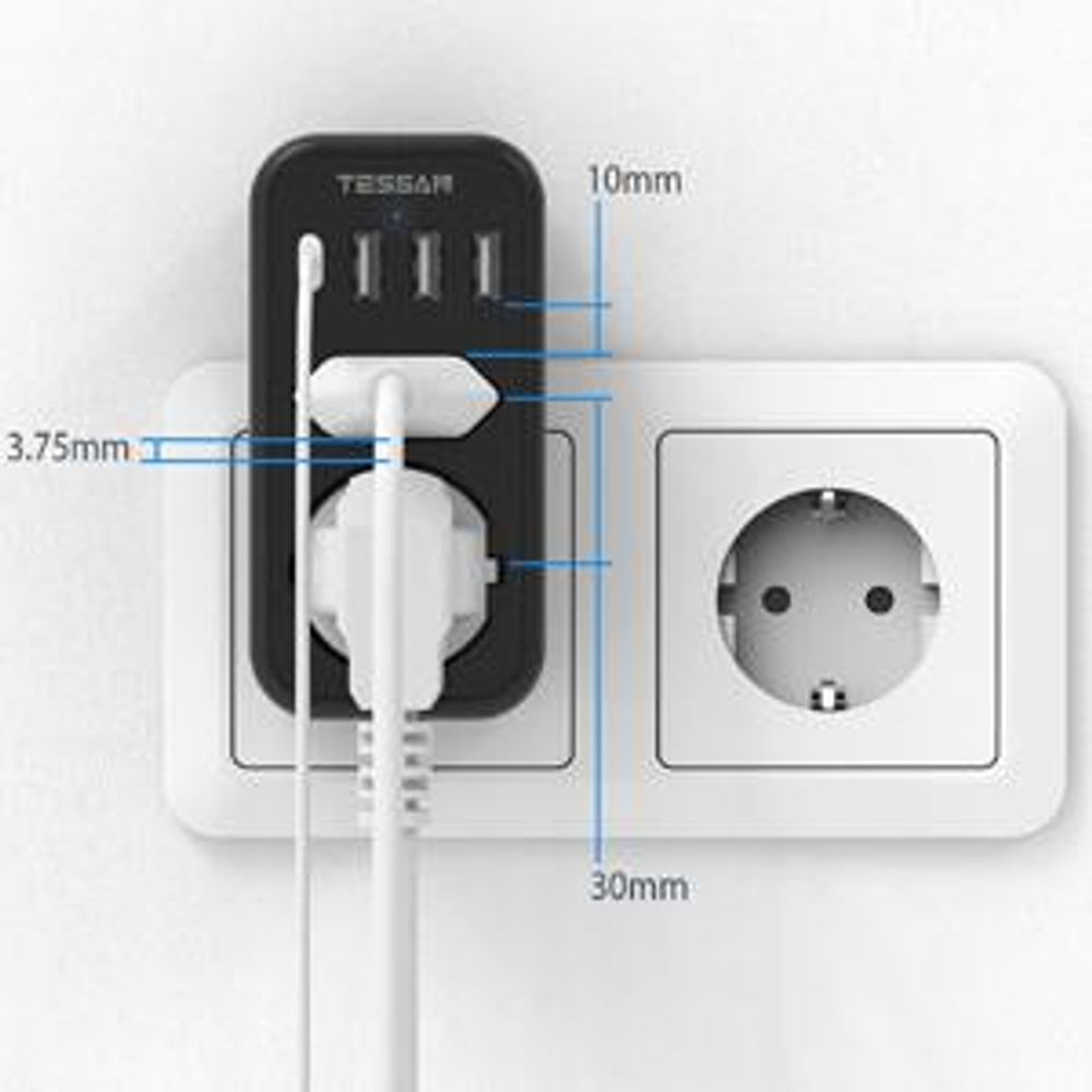 TESSAN Doppelstecker für Steckdose USB C Mehrfachsteckdose Steckdosenadapter 2Fach mit 4 USB Netzstecker 3600W Schwarz