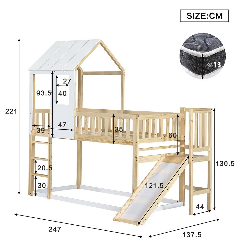 Flieks Etagenbett 90x200cm mit Lattenrost, Kinderbett mit Rutsche und Leiter, Hausbett mit Rausfallschutz, Einzelbett Massivholzbett