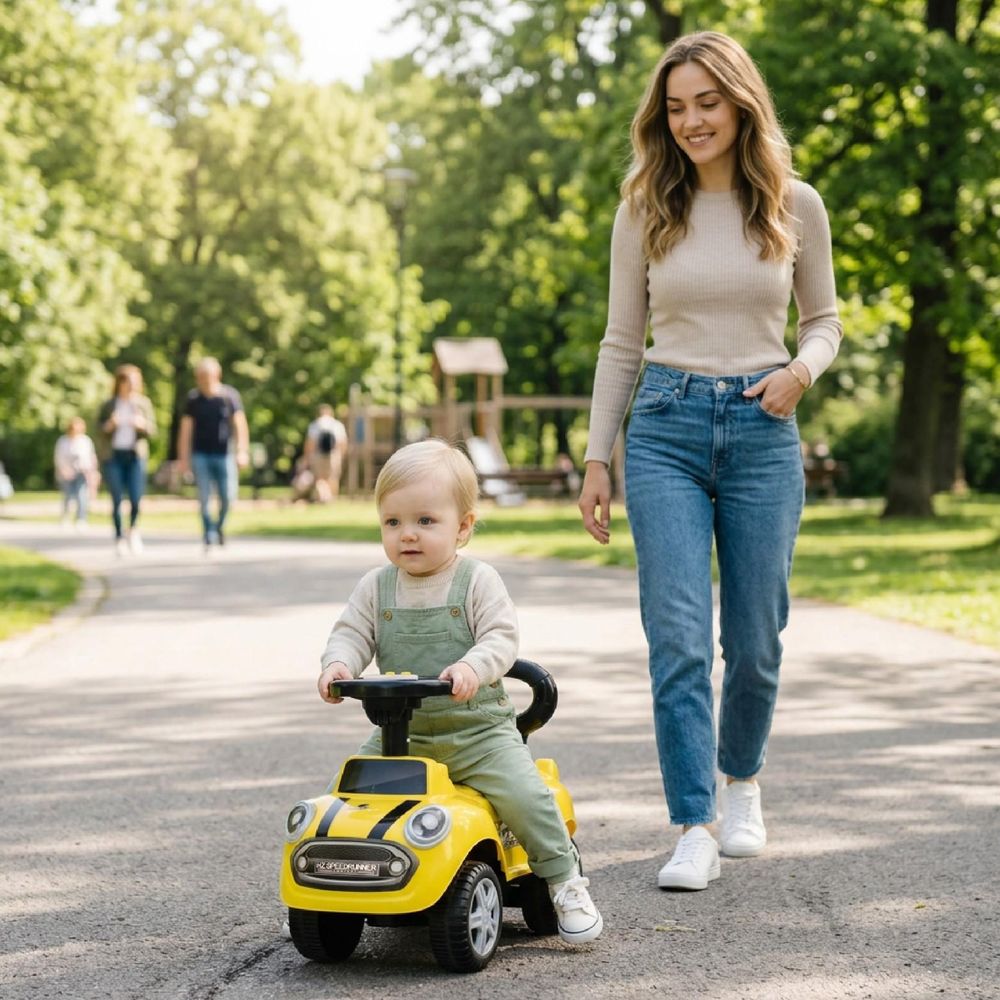Kind fährt das Rutschauto draußen im Park, Mutter begleitet