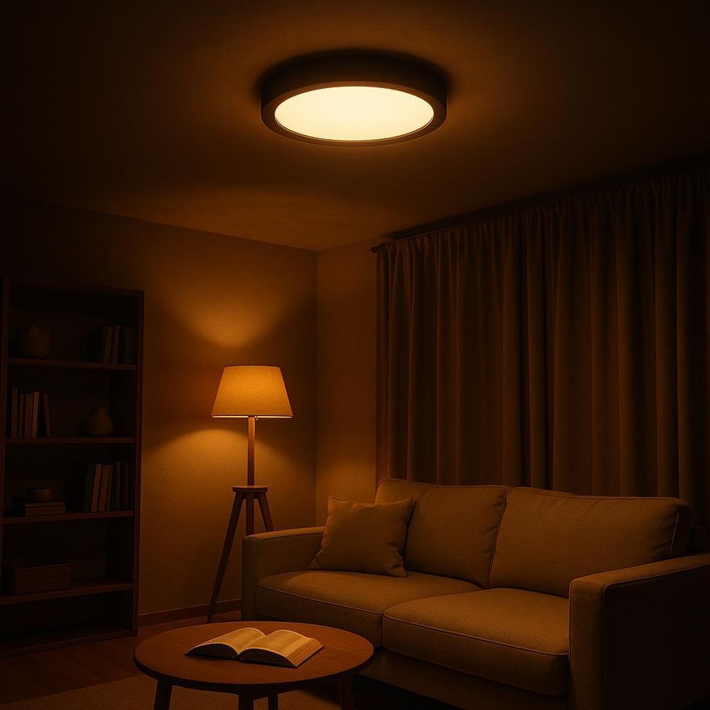 Schwarze LED-Deckenleuchte im Wohnzimmer mit warmem Licht über Sofa, Vorhängen und Stehlampe.