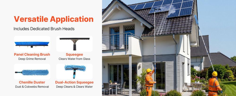 VEVOR 2-in-1 Teleskop Waschbürste für Solarpanel, Photovoltaik Reiniger Set mit 1,2-4,6m Alu-Teleskop 20m Wasseranschluss Abzieher Seifenspender, Reinigungsbürste für Solaranlage Fenster Terrassendach