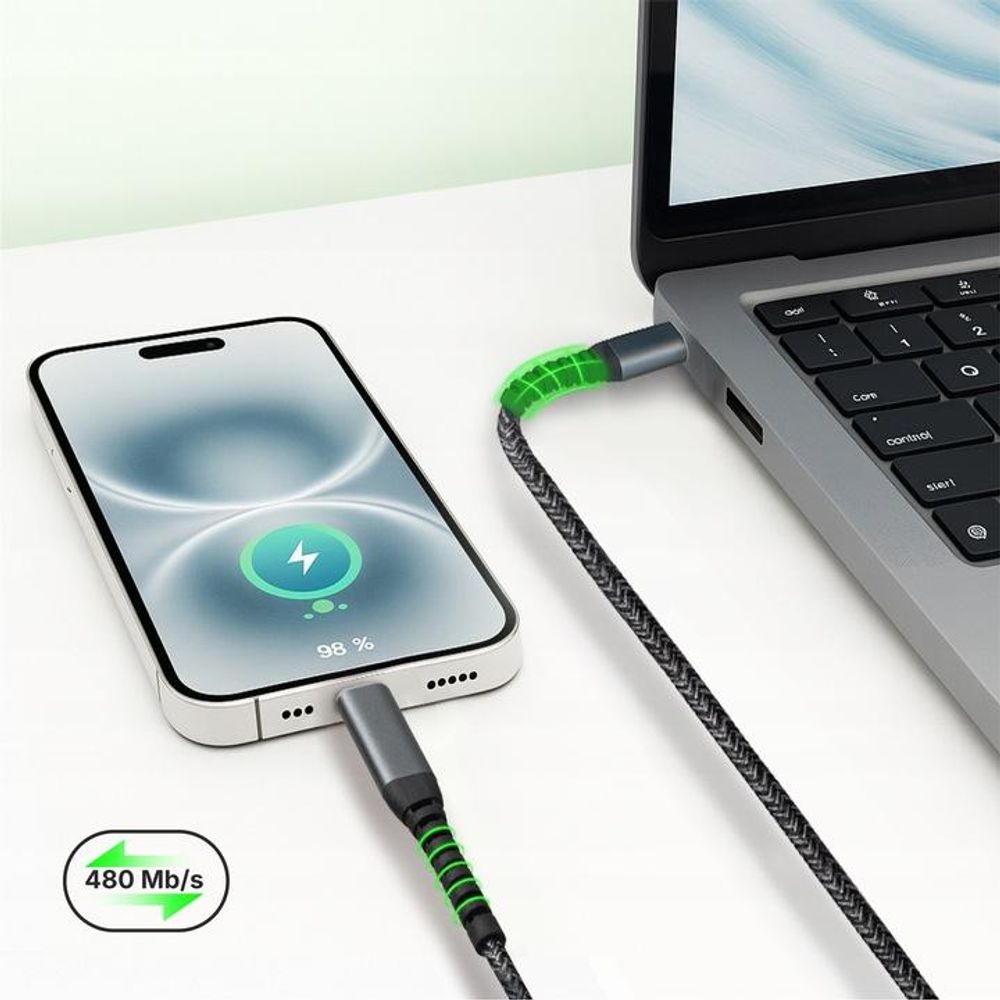 QUALO Recycling USB-C/Lightning Kabel 2,4 A 1 m QRC-CL-01 Schnellladung 27 W, langlebig, knickfest