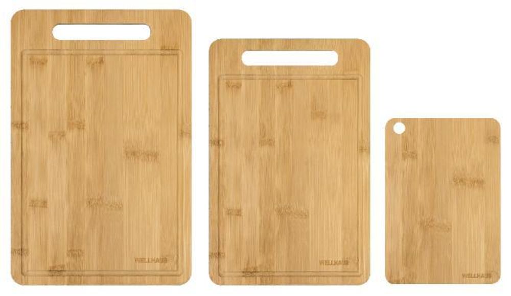 WELLHAUS 3er-Set rutschfeste Schneidebretter aus Holz XL L S – Küchenbrett für Fleisch, Gemüse und Obst 34 x 22, 30 x 20, 20 x 15 cm