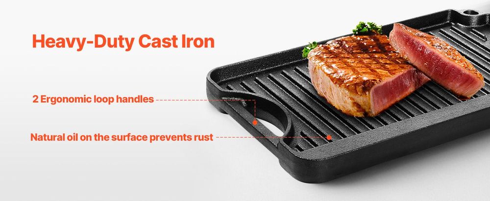 VEVOR Wender Grill/Griddle, 9,7"x16,7" Vorgewürzter Gusseisen-Griddle, Rechteckige Doppelbrenner-Griddle-Pfanne, Antihaft-Familienpfanne mit Griffen, Flache Platte für BBQ, Gasgrill, Schwarz, 185x342 mm