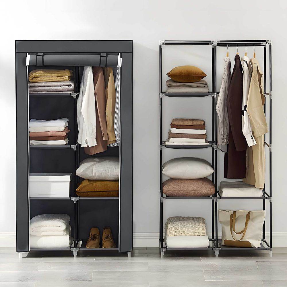 Stoffschrank Faltschrank Schrank 170x90x45cm Kleiderschrank aus Stoff mit Reißverschluss mit 1 Kleiderstangen und Ablagen Faltbar Kleiderstange Retoo
