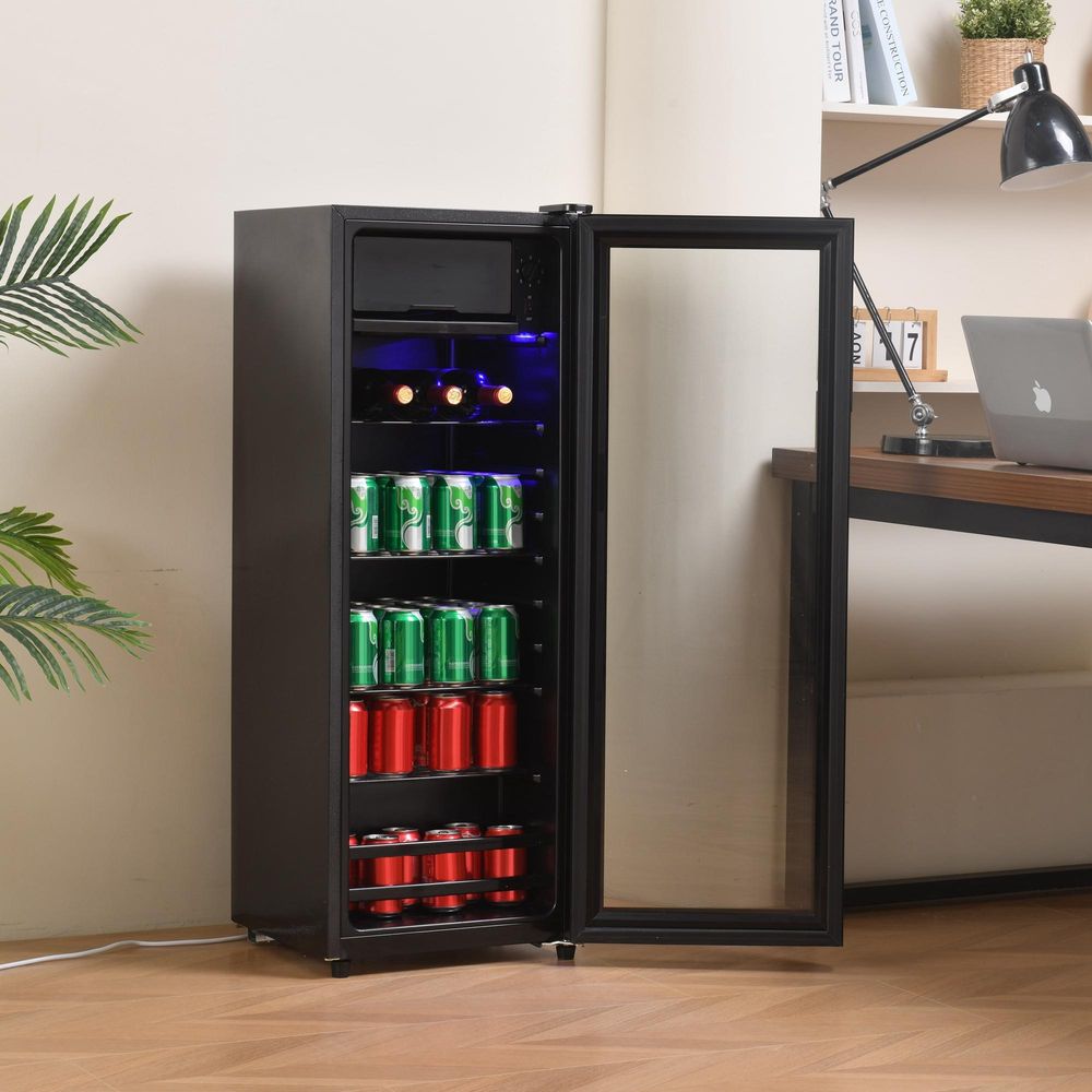 Merax Table Top Kühlschrank 128L mit Gefrierfach und Glastür, Flaschenkühlschränke mit LED-Beleuchtung und verstellebare Ablage, Getränkekühlschrank 110cm Kühl- und Gefrierfunktion, freistehend