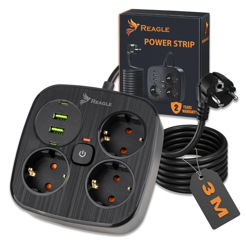 REAGLE Steckdosenleiste 3 m mit Überspannungsschutz, 3 Steckdosen, 2x USB, 2x USB-C, Mehrfachstecker mit Verlängerungskabel für Büro und Zuhause