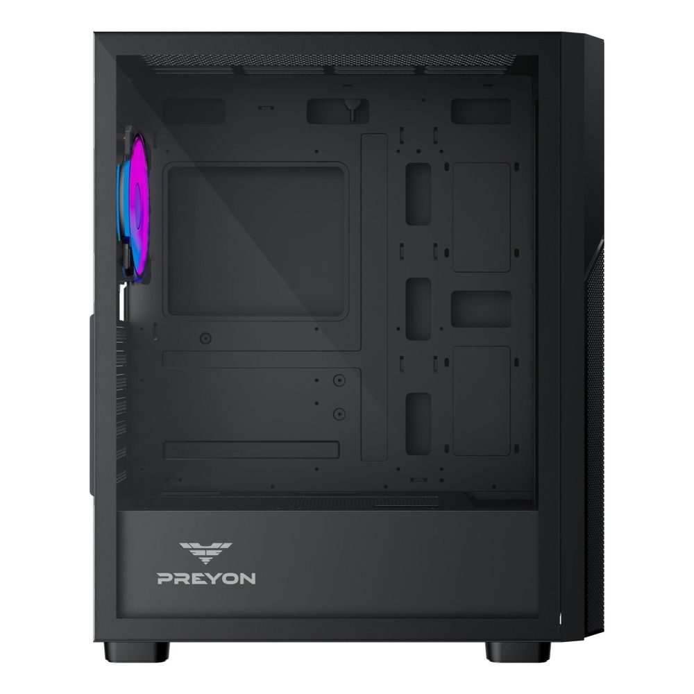 PREYON Nest Aero Gaming PC Gehäuse – E-ATX Midi Tower mit 4x120mm ARGB PWM Lüftern & Controller – Tempered Glass Sichtfenster, Mesh-Front, Staubfilter