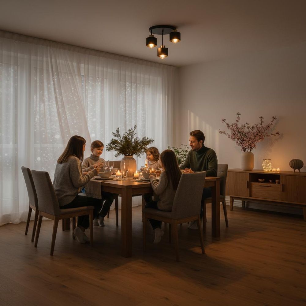 Kronleuchter mit runder Basis und drei zylindrischen Fassungen, der Decke und Raum beleuchtet.