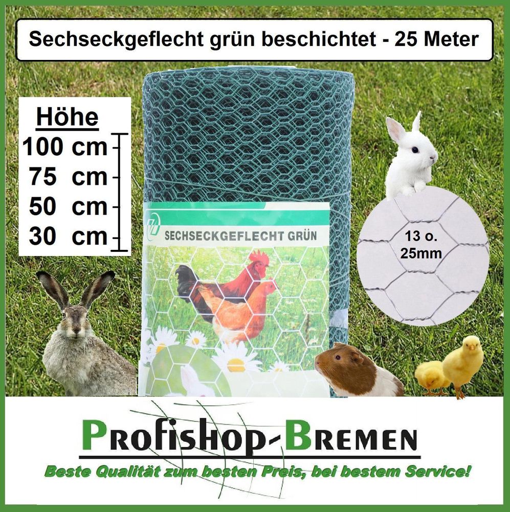 Kaninchendraht / Sechseckgeflecht / Maschenweite 25mm / Höhe 300mm / Länge 25m / grün beschichtet / € 0,48 pro Meter
