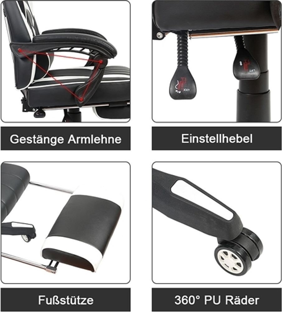 Gaming Drehstuhl schwarz/blau mit Fußstütze, 140° Neigung, höhenverstellbar
