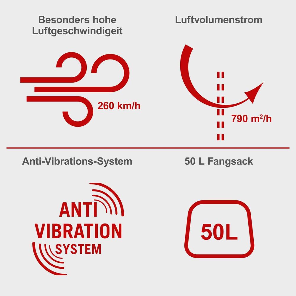 Das Bild zeigt verschiedene Keyfacts des Laubbläsers.