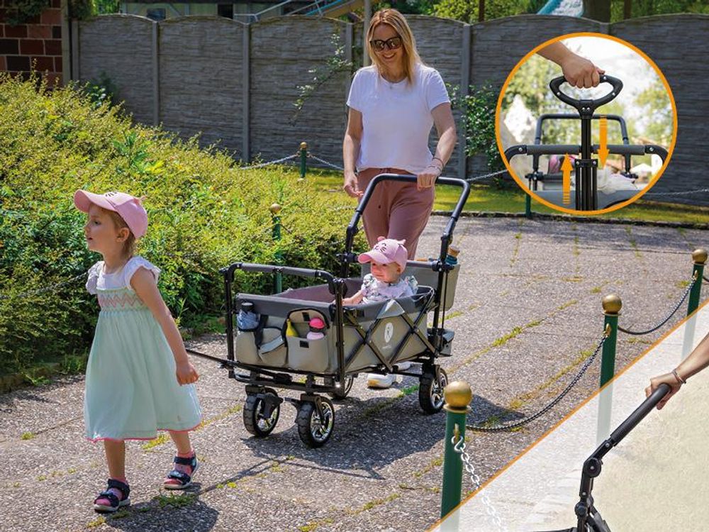 Miweba Bollerwagen MB-20 faltbar | Transportwagen mit Dach - Handwagen - Transportkarre - Hartgummireifen - mit Anschnall-Gurt -bis 100 kg (Beige/Rot)