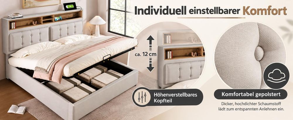 okwish Polsterbett 160×200 mit verstellbarem Kopfteil und Stauraum,Doppelbett mit USB-und Typ-C-Anschlüssen,Beige,ohne Matratze