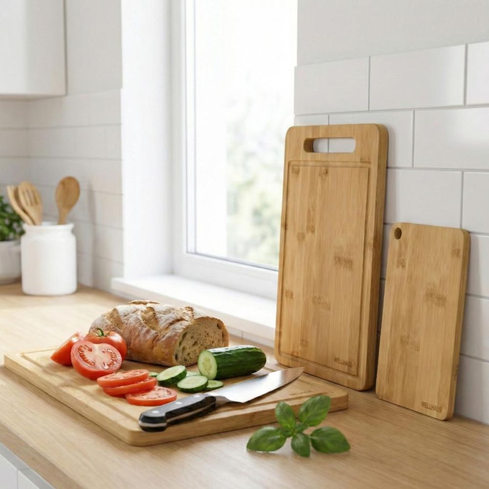 WELLHAUS 3er-Set rutschfeste Schneidebretter aus Holz XL L S – Küchenbrett für Fleisch, Gemüse und Obst 34 x 22, 30 x 20, 20 x 15 cm