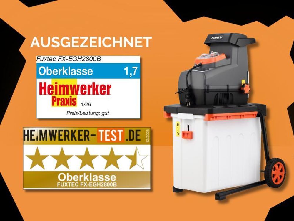 FUXTEC Elektro Gartenhäcksler FX-EGH2800B | Walzenhäcksler 2800W mit Rückwärtslauf | leise 91,7dB(A) | 44mm Schnittstärke | 60L Auffangbox | Überlastschutz