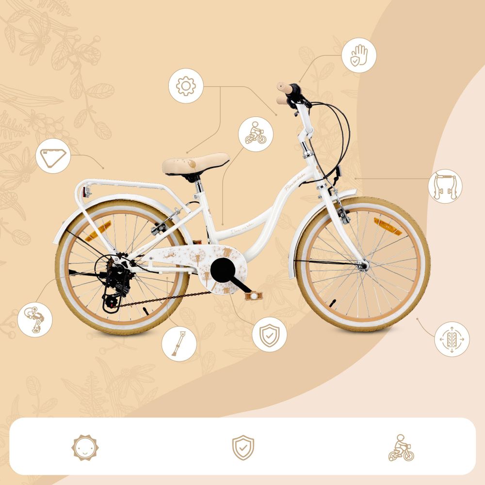 Vista lateral de la bicicleta SUN BABY con detalles de seguridad y accesorios visibles.
